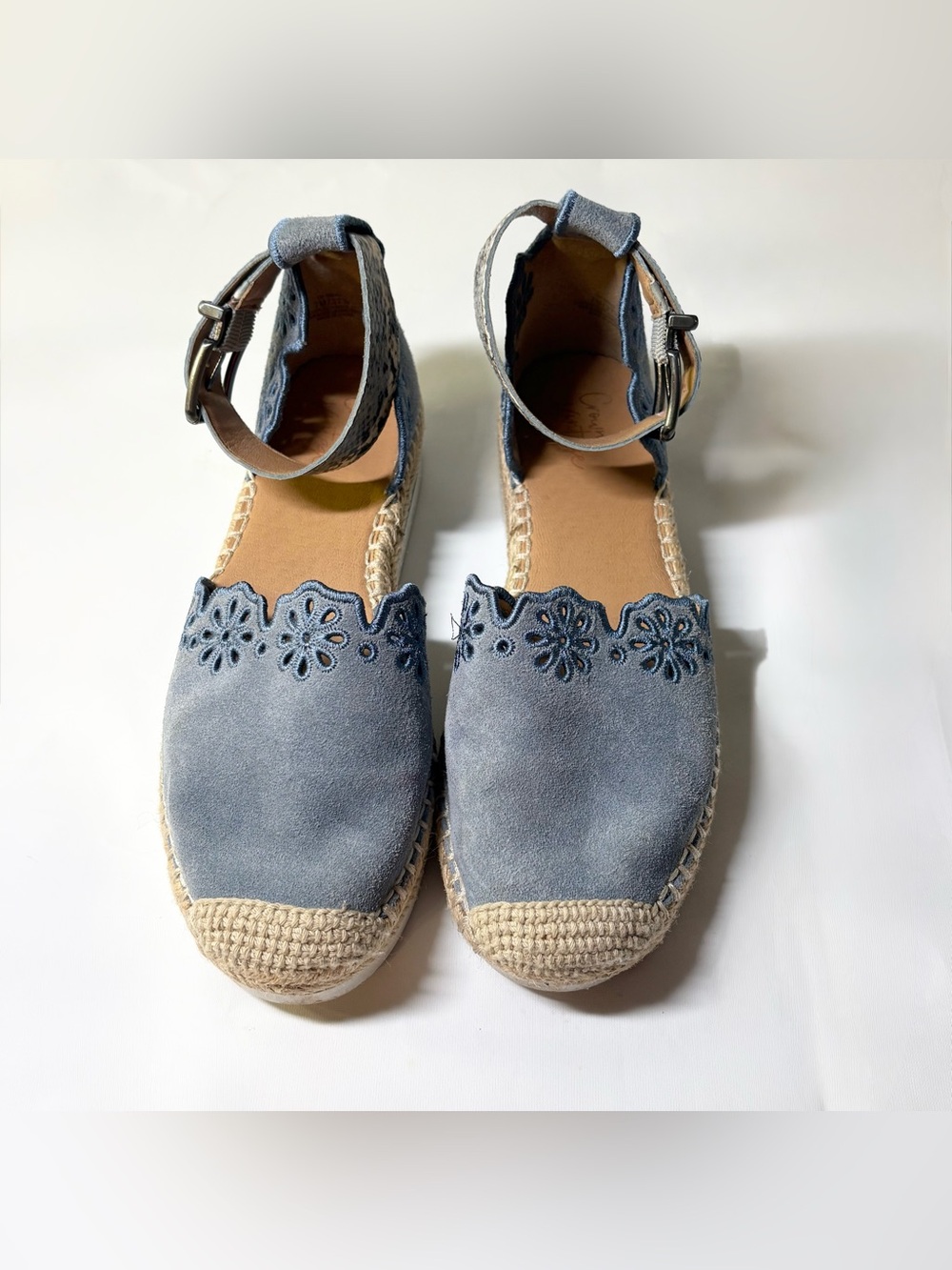 Crown Vintage Brixie Powder Blue Espadrille Leather Scalloped Embroider Size 7 - Picture 13 of 14